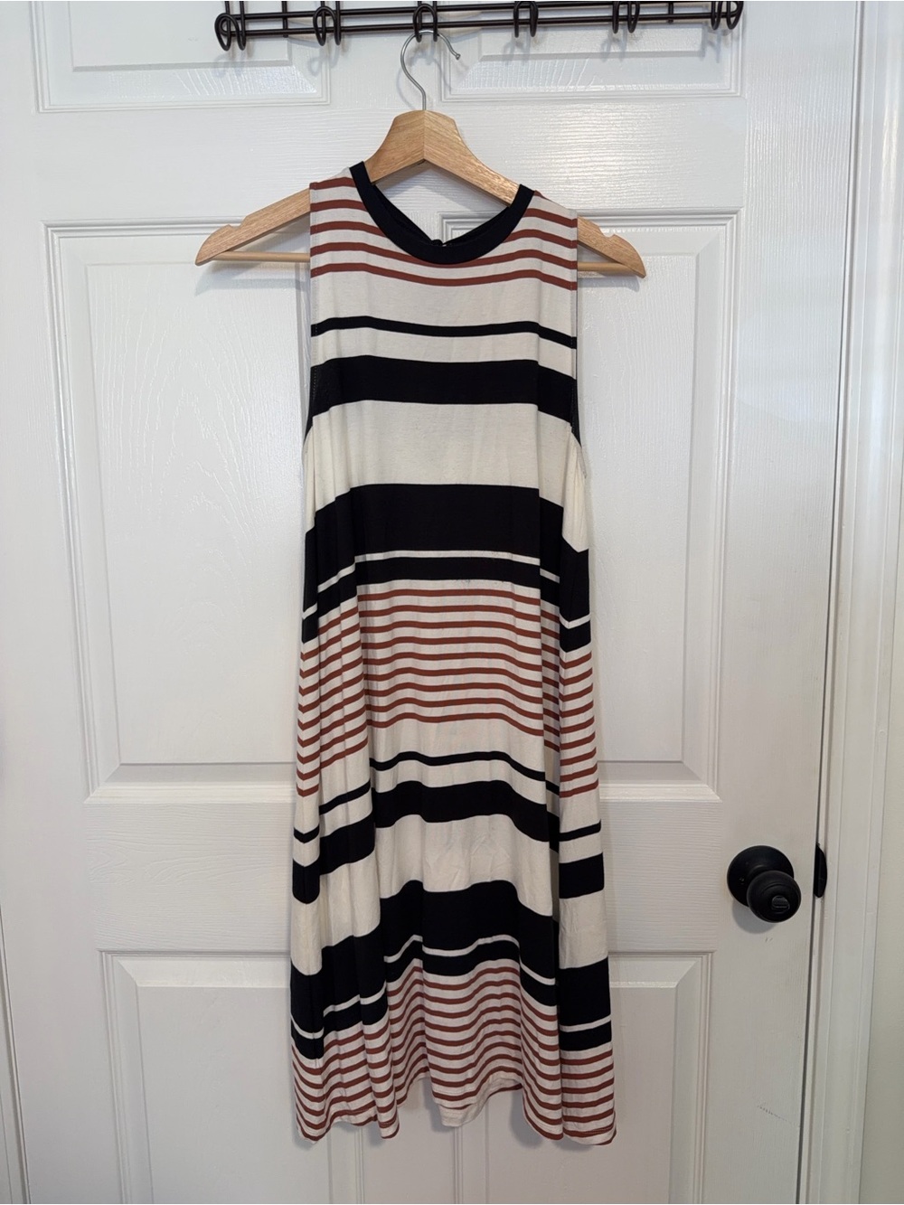 LOFT striped Sleeveless Swing Dress in Cream, Black & Brown